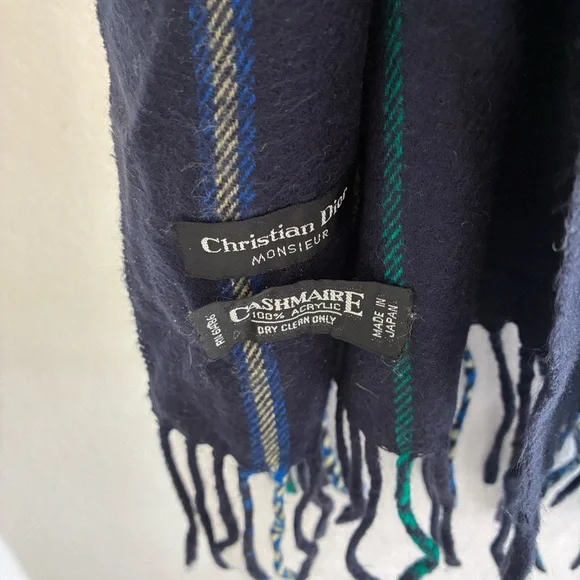 Christian Dior Vintage Dark Blue Plaid Scarf with Fringe - Picture 2 of 7